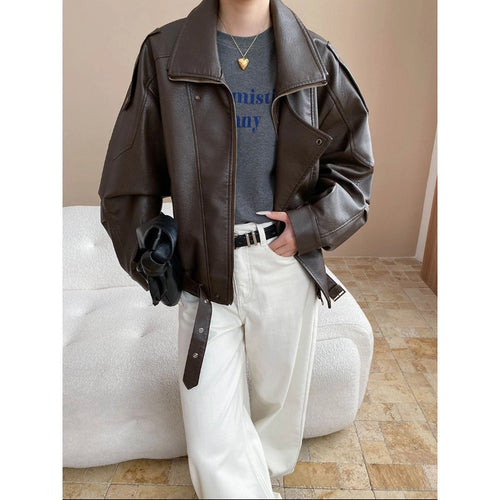 Damen lässige Kunstlederjacke im modernen Oversized-Stil mit dekorativen Knopfdetails Drune