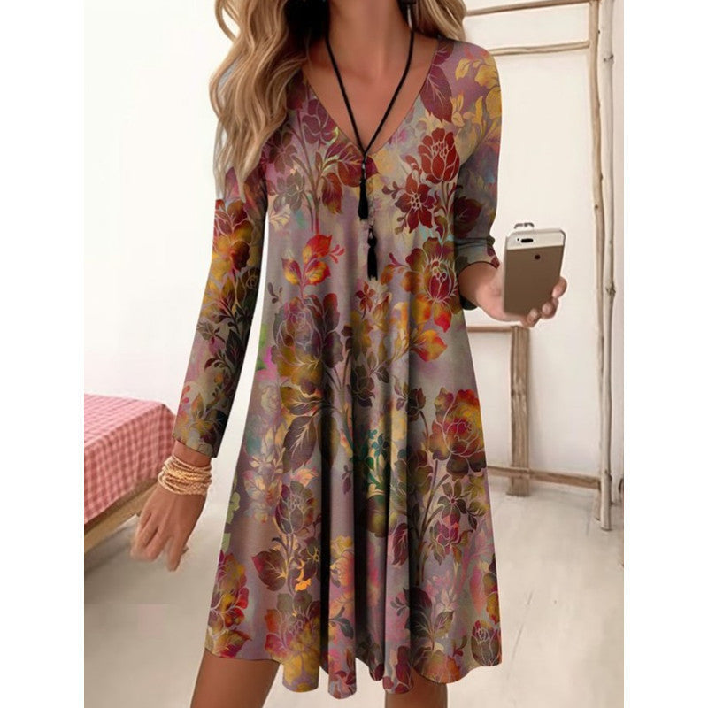 Damen V-Ausschnitt Freizeitkleid mit floraler Gestaltung und seitlichen Taschen Drune