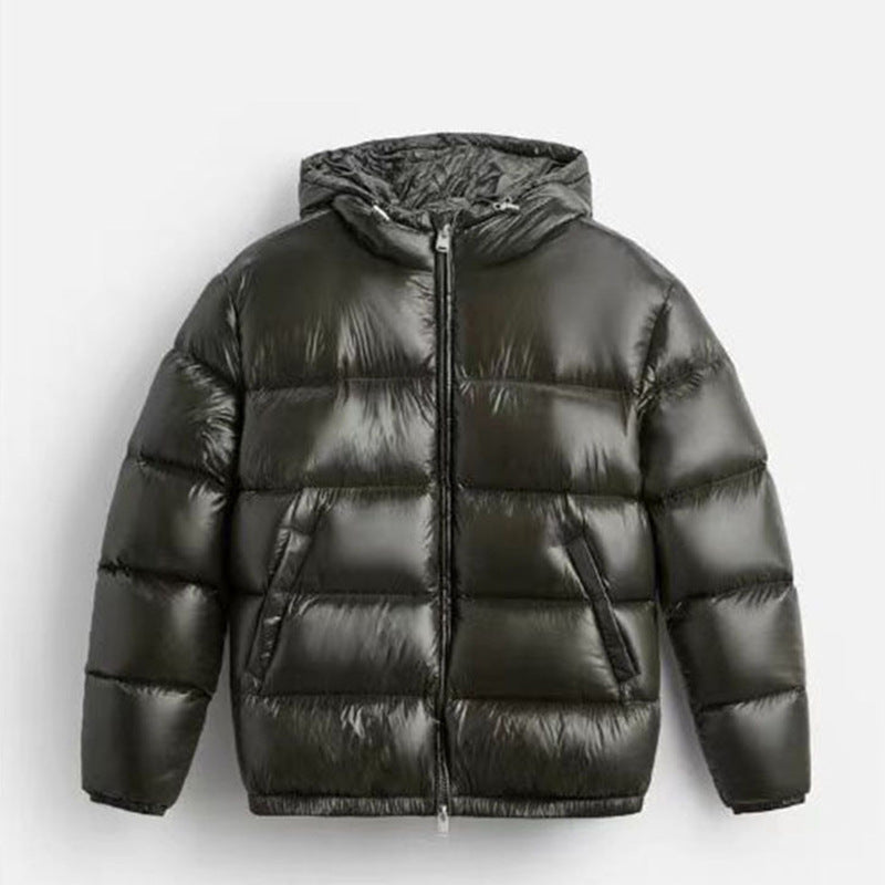 Damen Steppdaunenjacke mit Kapuze und Hochglanz-Oberfläche, Zwei-Wege-Reißverschluss und Kängurutaschen Drune