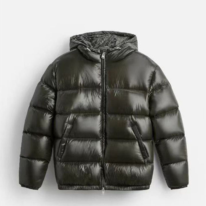 Damen Steppdaunenjacke mit Kapuze und Hochglanz-Oberfläche, Zwei-Wege-Reißverschluss und Kängurutaschen Drune