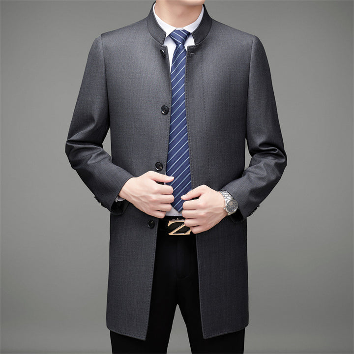 Herren eleganter Mantel mit modernem Stehkragen und feinem Gewebemuster Drune