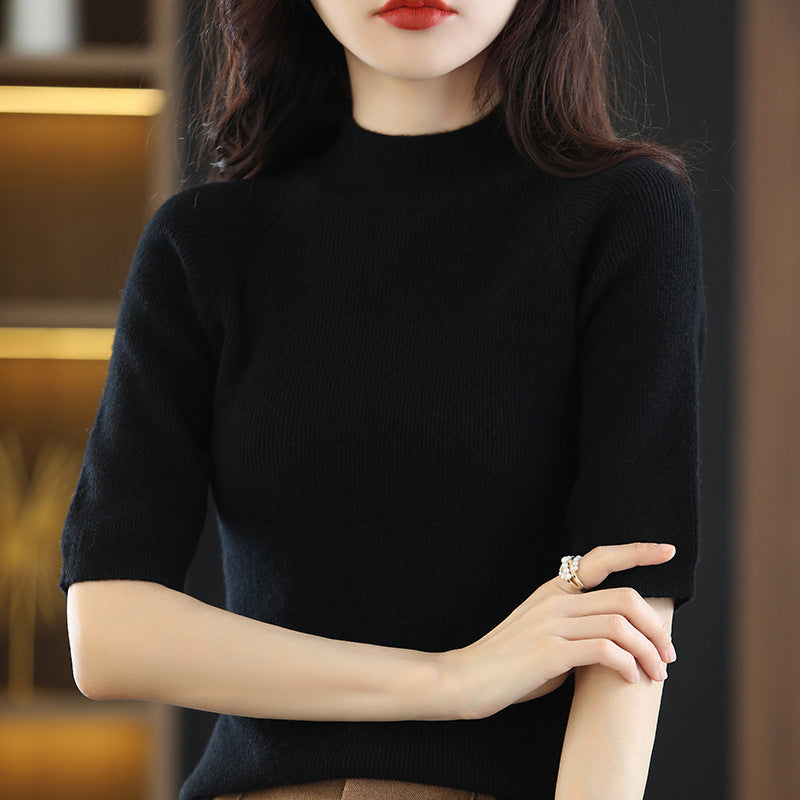 Damen Kurzarm-Feinstrickpullover mit Stehkragen und taillierter Passform Drune