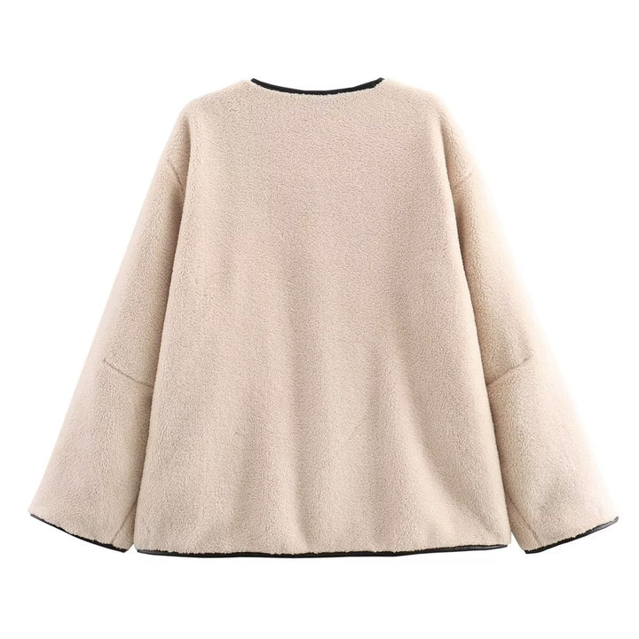 Damen nan kuschelige Teddyjacke mit Knebelverschlüssen, Rundhals und Kontrastpaspel Drune
