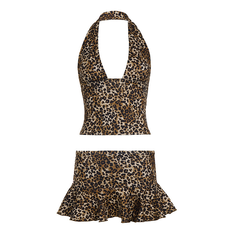 Damen Badeanzug Set mit Leopardenmuster und verführerischer Rüsche Drune