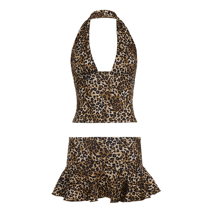 Damen Badeanzug Set mit Leopardenmuster und verführerischer Rüsche Drune