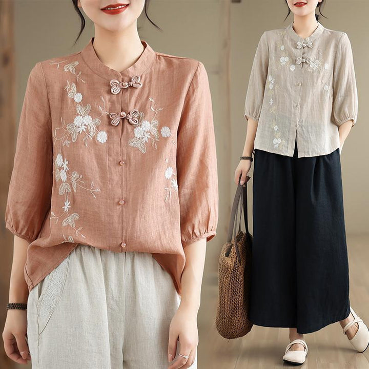 Damen Bestickte Bluse mit halben Ärmeln und Mandarin-Kragen Drune