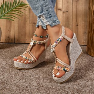 Damen Wedge-Sandaletten mit filigranem Blumenschmuck und komfortablem Jute-Design Drune