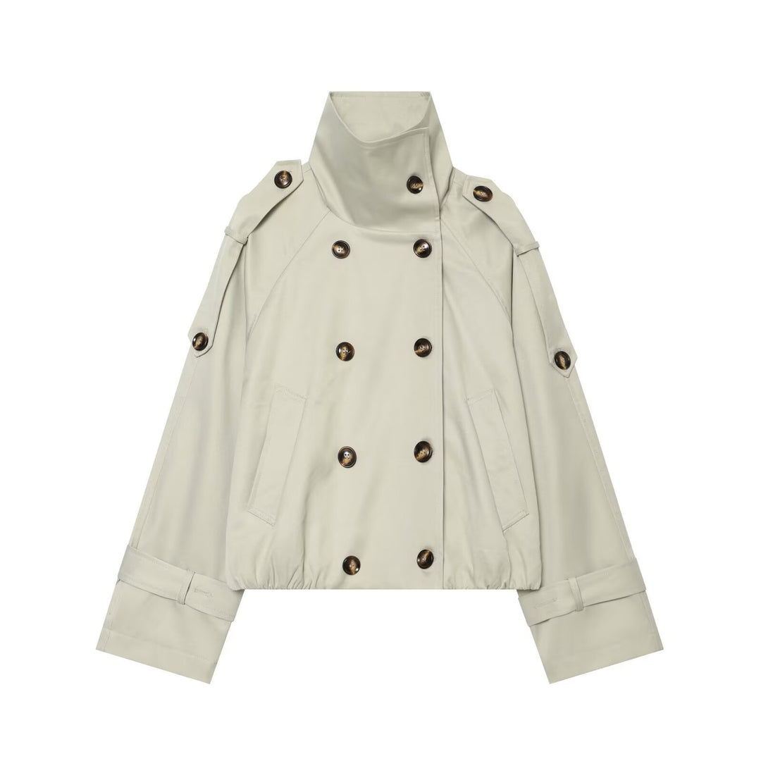 Damen Cropped-Trenchcape mit hohem Funnelkragen und Schulterriegeln Drune