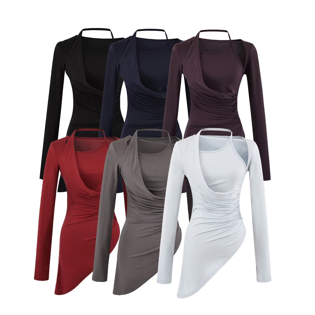Damen Figurbetontes Langarm-Midikleid mit asymmetrischem Saum, Raffung und Neckholder Drune