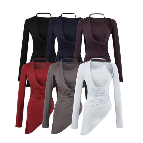 Damen Figurbetontes Langarm-Midikleid mit asymmetrischem Saum, Raffung und Neckholder Drune