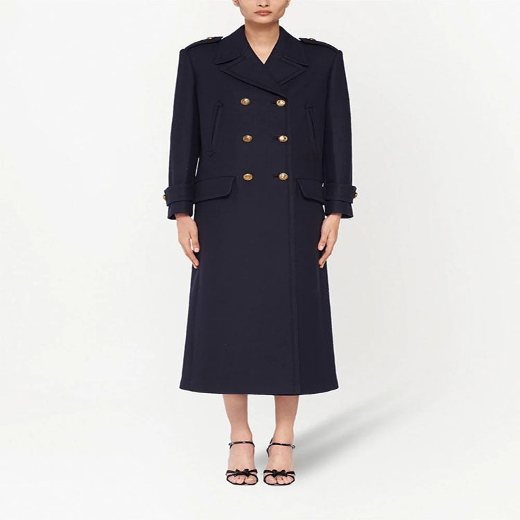Damen Doppelreihiger militärinspirierter Maxi‑Wollmantel mit Epauletten und Zierriegeln Drune