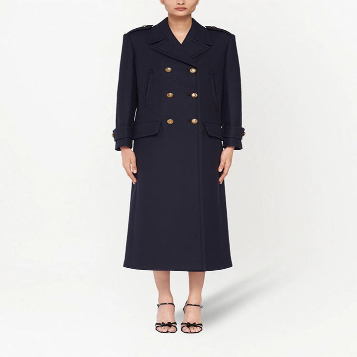 Damen Doppelreihiger militärinspirierter Maxi‑Wollmantel mit Epauletten und Zierriegeln Drune