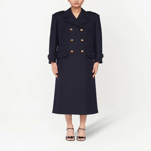 Damen Doppelreihiger militärinspirierter Maxi‑Wollmantel mit Epauletten und Zierriegeln Drune