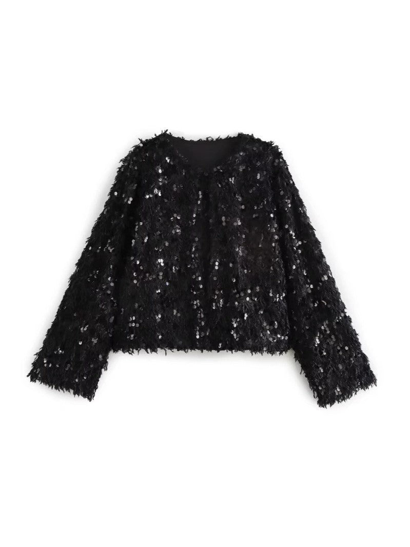 Damen Cropped‑Jacke aus flauschigem Faux‑Fur mit Paillettenbesatz Drune