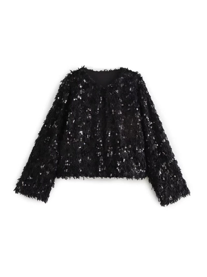 Damen Cropped‑Jacke aus flauschigem Faux‑Fur mit Paillettenbesatz Drune