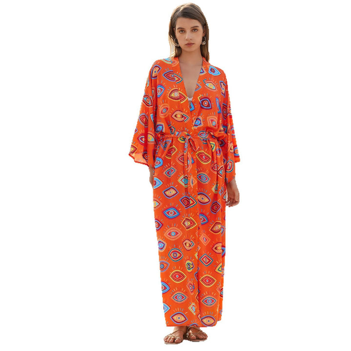 Damen Langer Kaftan‑Kimono mit Taillengürtel, V‑Ausschnitt & grafischem Augenprint Drune