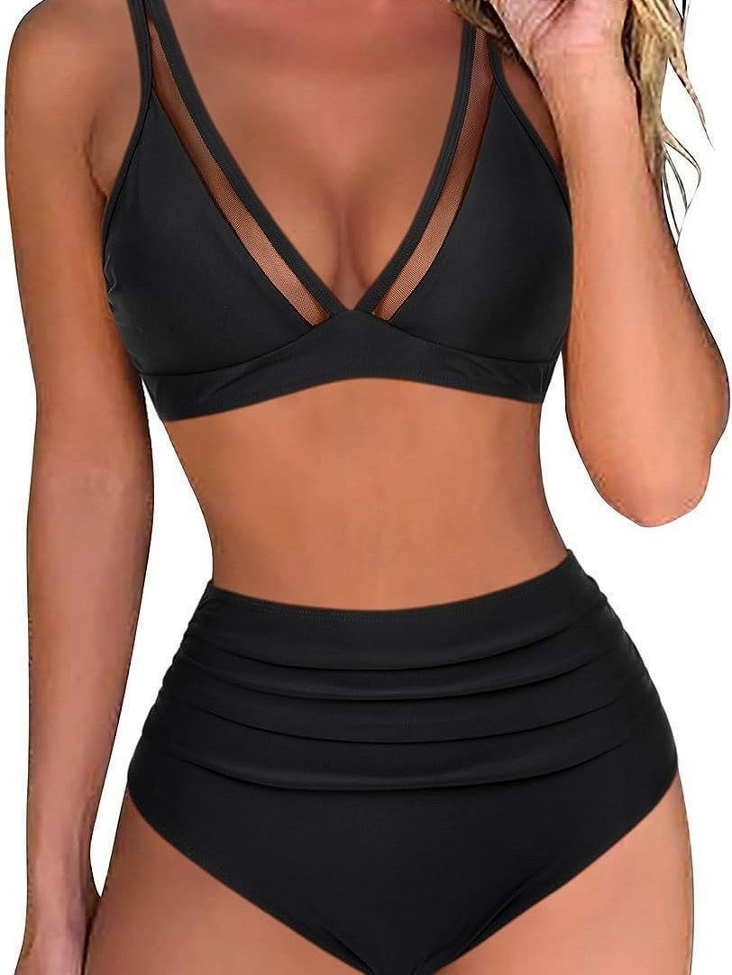 Damen Hoch tailliertes Bikini-Set mit Leopardenmuster und transparenten Einsätzen Drune