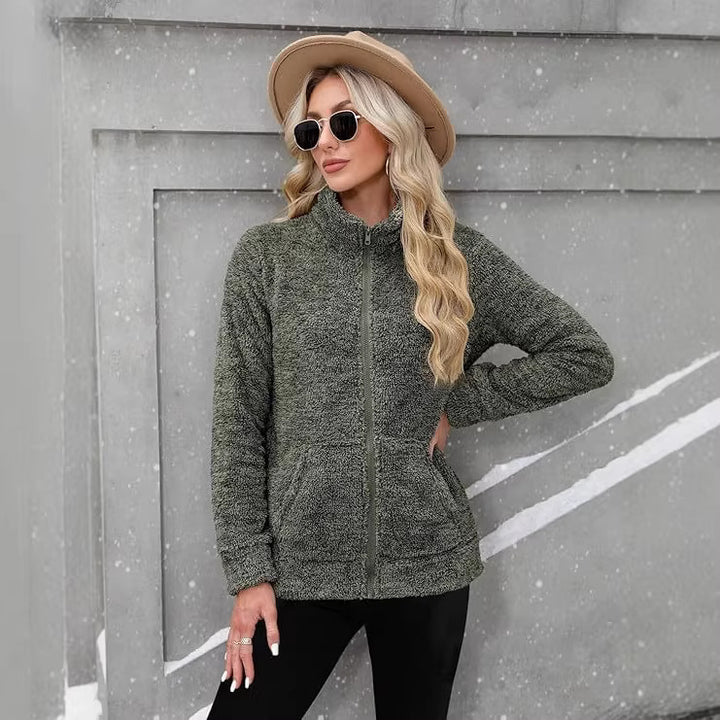 Damen nan kuschelige Teddy-Fleecejacke mit durchgehendem Reißverschluss, Stehkragen und seitlichen Eingrifftaschen Drune