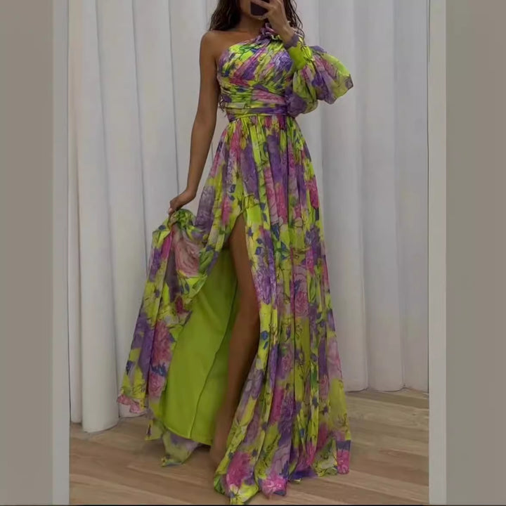 Damen Maxikleid mit asymmetrischem Träger und elegantem Floral-Design Drune