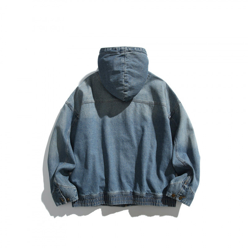 Unisex Oversize-Jeansjacke mit Kapuze, elastischem Saum und Kängurutaschen Drune