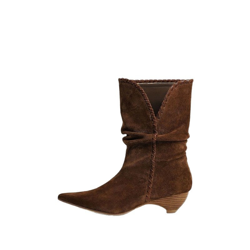 Damen Midcalf Slouch‑Stiefel aus Veloursleder mit spitzer Zehenpartie und sculpted Kitten‑Absatz Drune