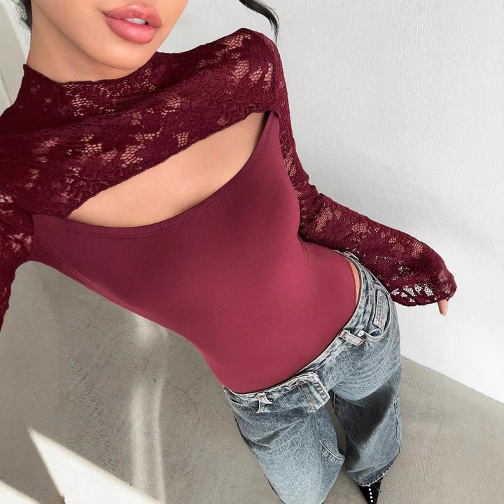 Damen Body mit transparenten Spitzenärmeln und modernem Cut-Out Drune