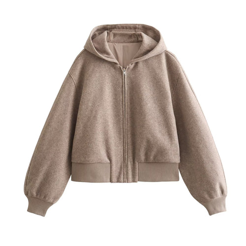 Damen Kurze Oversized Wollmix-Kapuzenjacke mit Ballonärmeln und Rippbündchen Drune
