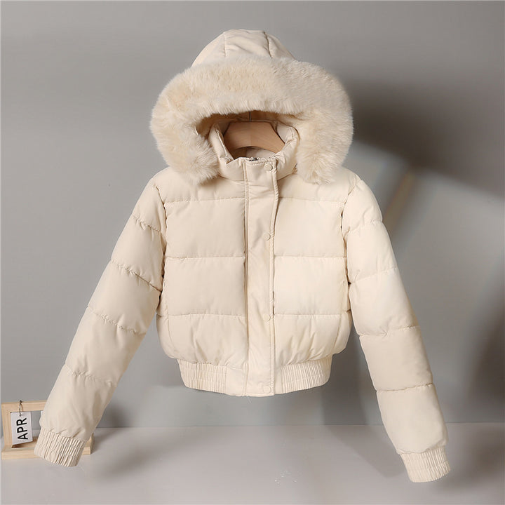 Damen nan kurz geschnittene Thermosteppjacke mit abnehmbarer Kunstfellkapuze und Rippbündchen Drune