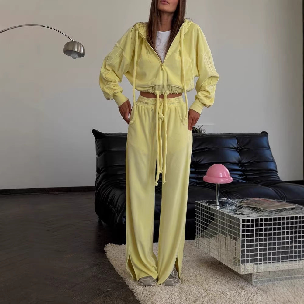 Damen Cropped Kapuzenjacke mit Kordelzug und weitem Split-Hose Lounge-Set Drune