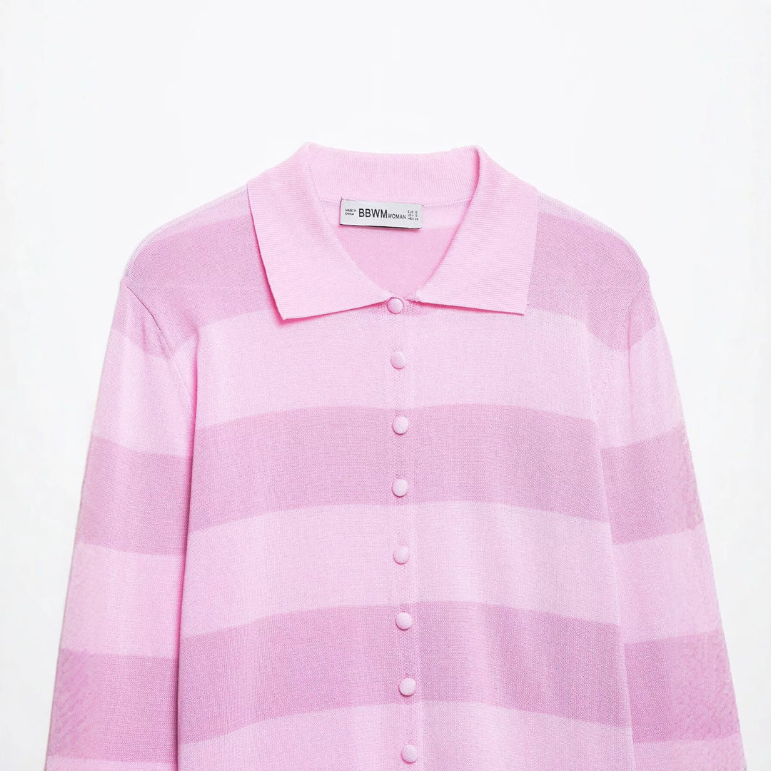 Damen Gestreifte Feinstrick-Cardigan mit Polokragen und bezogenen Knöpfen Drune