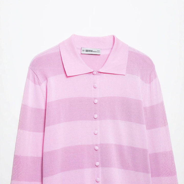 Damen Gestreifte Feinstrick-Cardigan mit Polokragen und bezogenen Knöpfen Drune