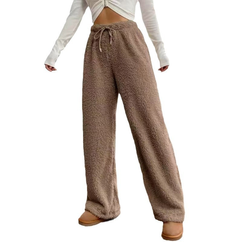 Damen nan hochtaillierte Teddyfleece-Loungehose mit weitem Bein, Kordelzug und seitlichen Eingrifftaschen Drune
