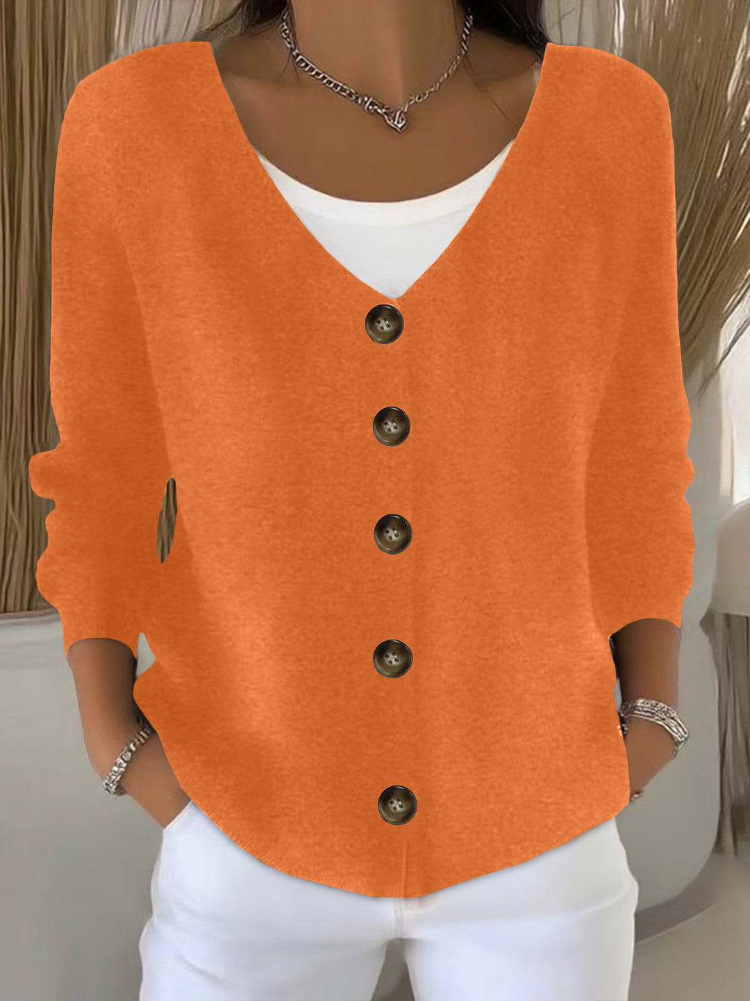 Damen Lockerer V-Ausschnitt Feinstrick-Cardigan mit Holzknopfleiste Drune