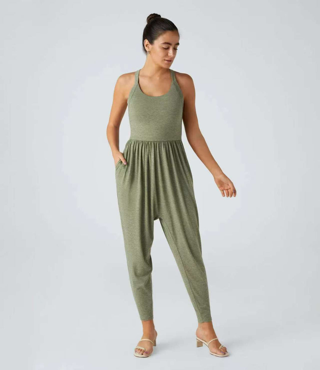 Damen nan lässiger Jersey-Overall mit Racerback, smockierter Taille und seitlichen Eingrifftaschen Drune