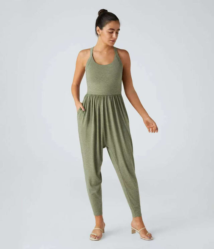 Damen nan lässiger Jersey-Overall mit Racerback, smockierter Taille und seitlichen Eingrifftaschen Drune
