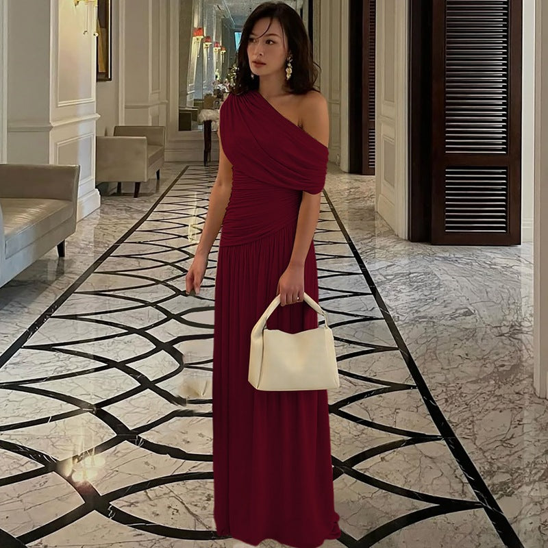 Damen Elegantes asymmetrisches Maxikleid mit Raffungen Drune