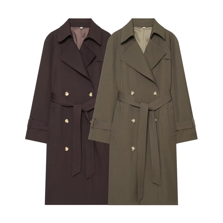 Damen Doppelreihiger Trenchcoat mit Taillengürtel und Raglanärmeln Drune