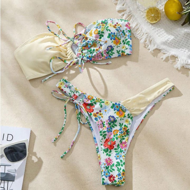 Damen Bandeau-Bikini Set mit floralem Design Drune