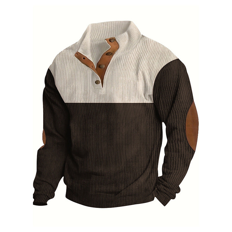 Herren Strukturierter Halbknopf-Pullover mit Stehkragen, Rippenstruktur und Ellenbogen-Patches Drune