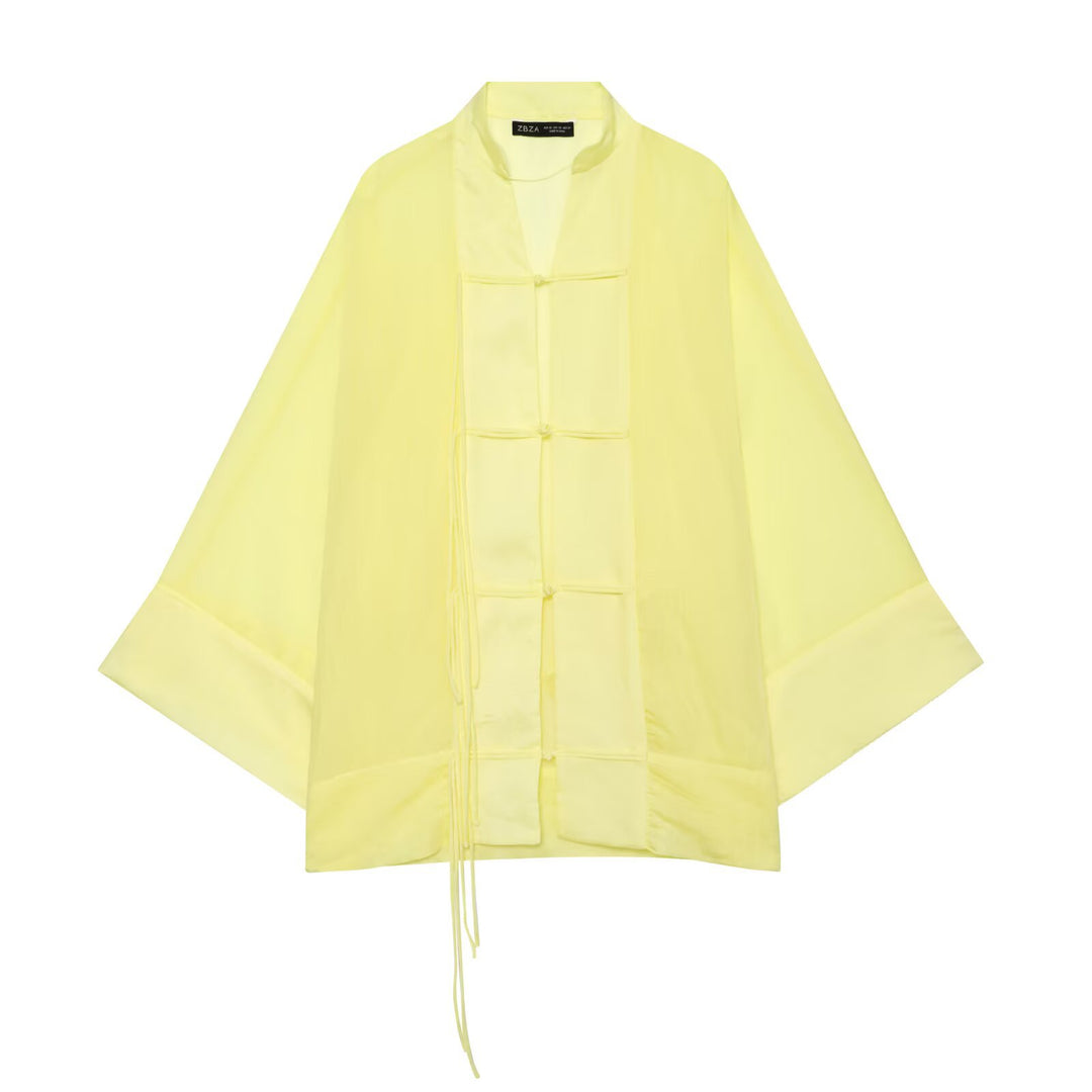 Damen Weites Kimono‑Cape aus leichter Chiffon‑Optik mit dekorativen Knotenverschlüssen Drune