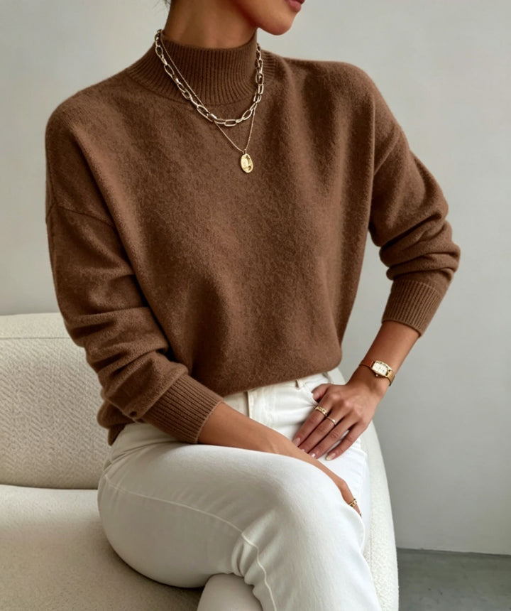 Damen kuscheliger Feinstrickpullover mit Stehkragen und überschnittener Schulter Drune