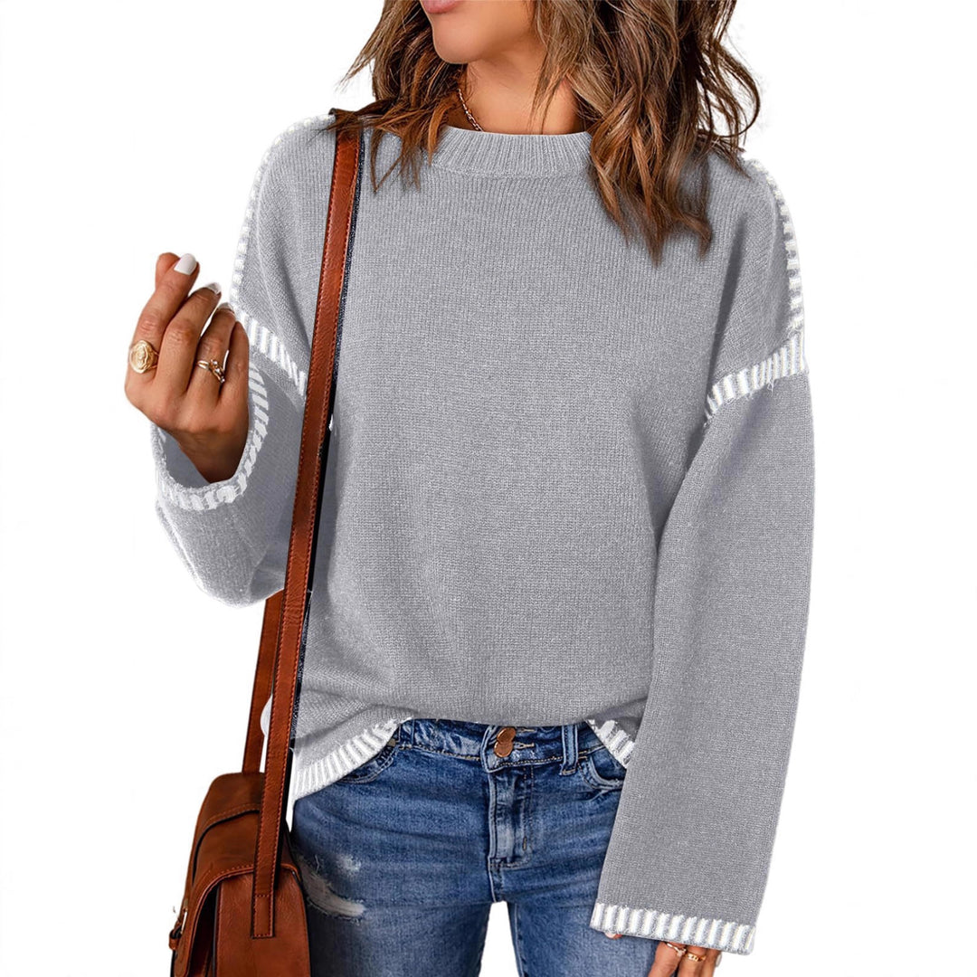 Damen Grobstrickpullover mit modischem Kontrastsaum und weiten Ärmeln Drune