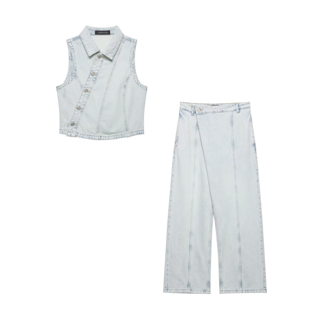 Damen weite Denim-Hose mit hohem Bund und asymmetrischem Schnitt Drune