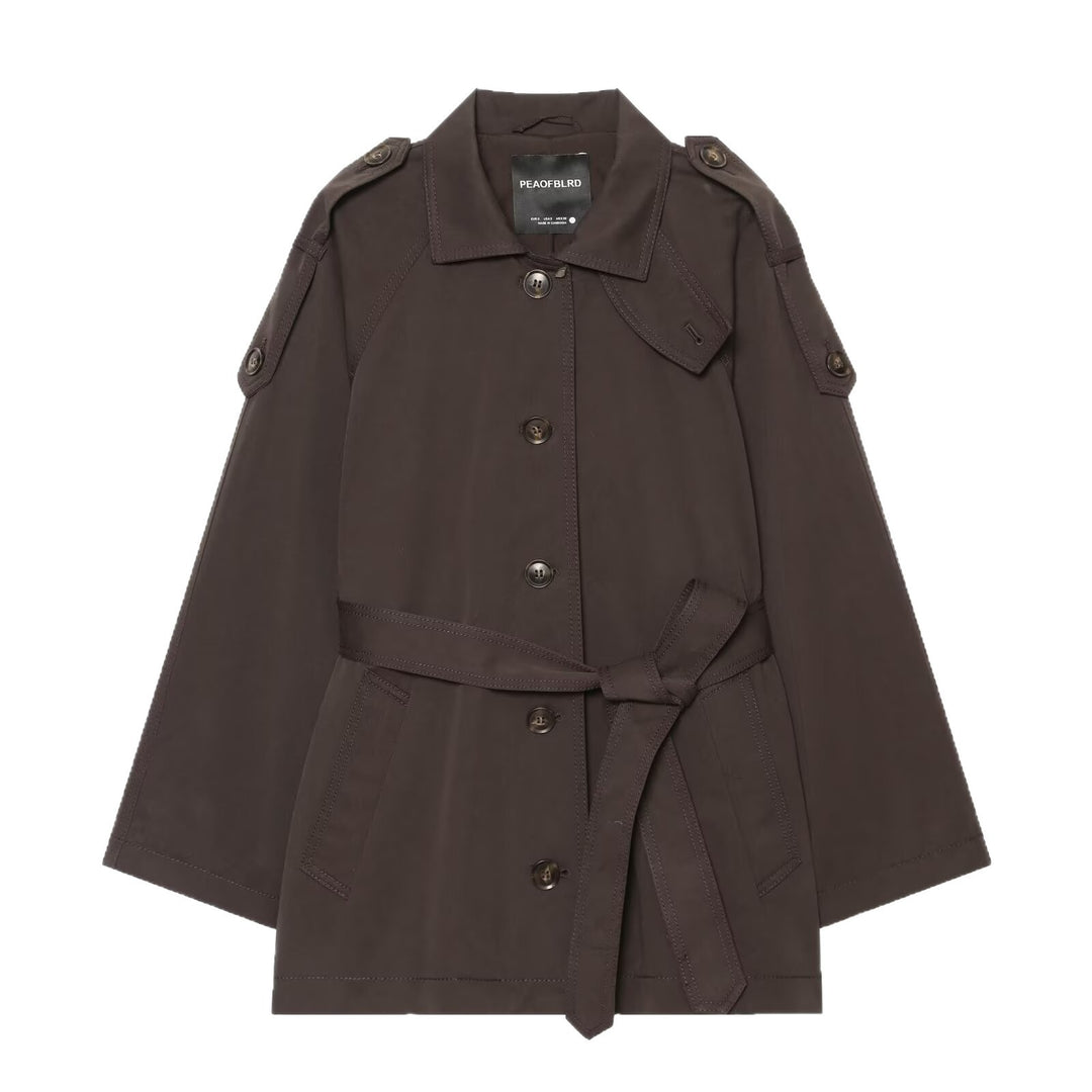 Damen Kurzer Cape‑Trench mit Bindegürtel und Epauletten Drune