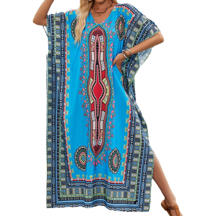 Damen Kaftan mit buntem ethnischen Muster und seitlichem Schlitz Drune