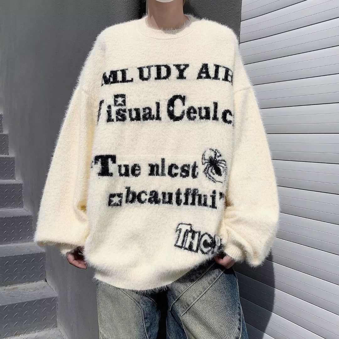 Damen Oversized Strickpullover mit grafischem Schriftzug Drune