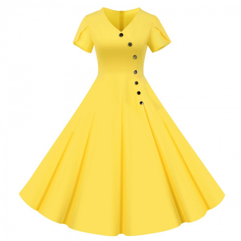 Damen Swingkleid mit knöpfbarem V-Ausschnitt und weit schwingendem Rock Drune