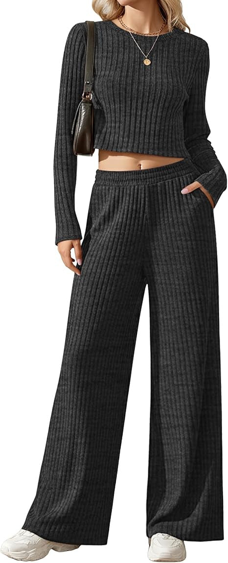 Damen Geripptes Feinstrick-Lounge-Set mit Cropped Langarmtop und High-Waist Palazzohose Drune