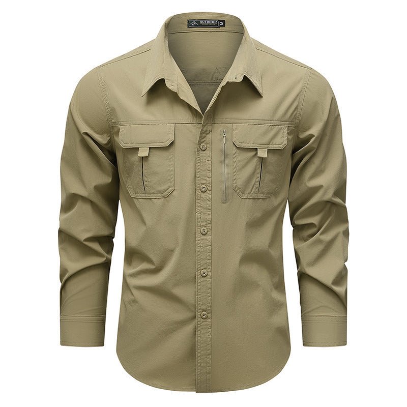 Men's  technical long-sleeve utility shirt with dual flap chest pockets and concealed zip utility pocket Drune