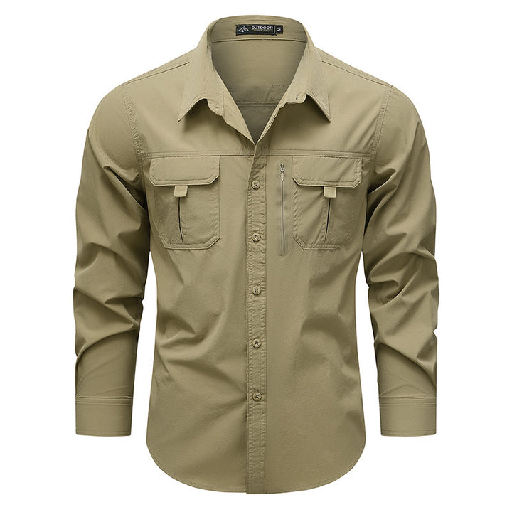 Men's  technical long-sleeve utility shirt with dual flap chest pockets and concealed zip utility pocket Drune